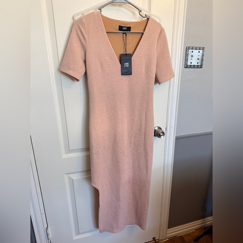 ABS Allan Schwartz Blush Pink Bodycon Midi Dress Slit Right Side Size Small